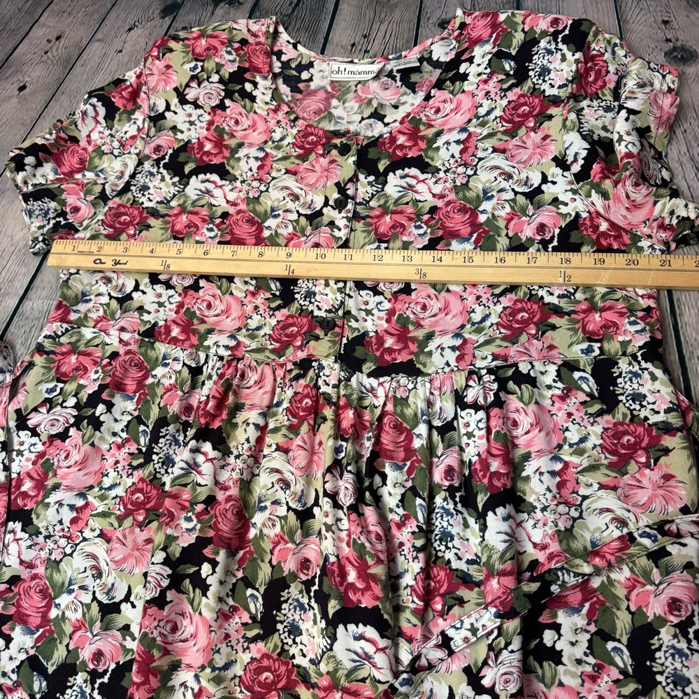 Oh! Mamma Vintage 90s Black w/ Pink Floral Rayon Babydoll Top Maternity Sz Large - Picture 6 of 8